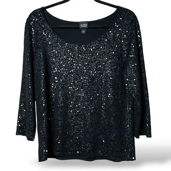 EILEEN FISHER Silk / Cotton Blend All Over Black Sequin Top 3/4 Sleeves US Sz M - Picture 1 of 8